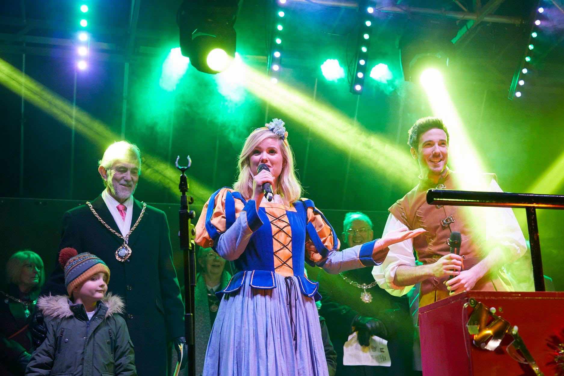 Lichfield , Staffordshire , Christmas , lights , switch on , 2018 , 2019 , gold , production , stage , hire , rent , rental , 