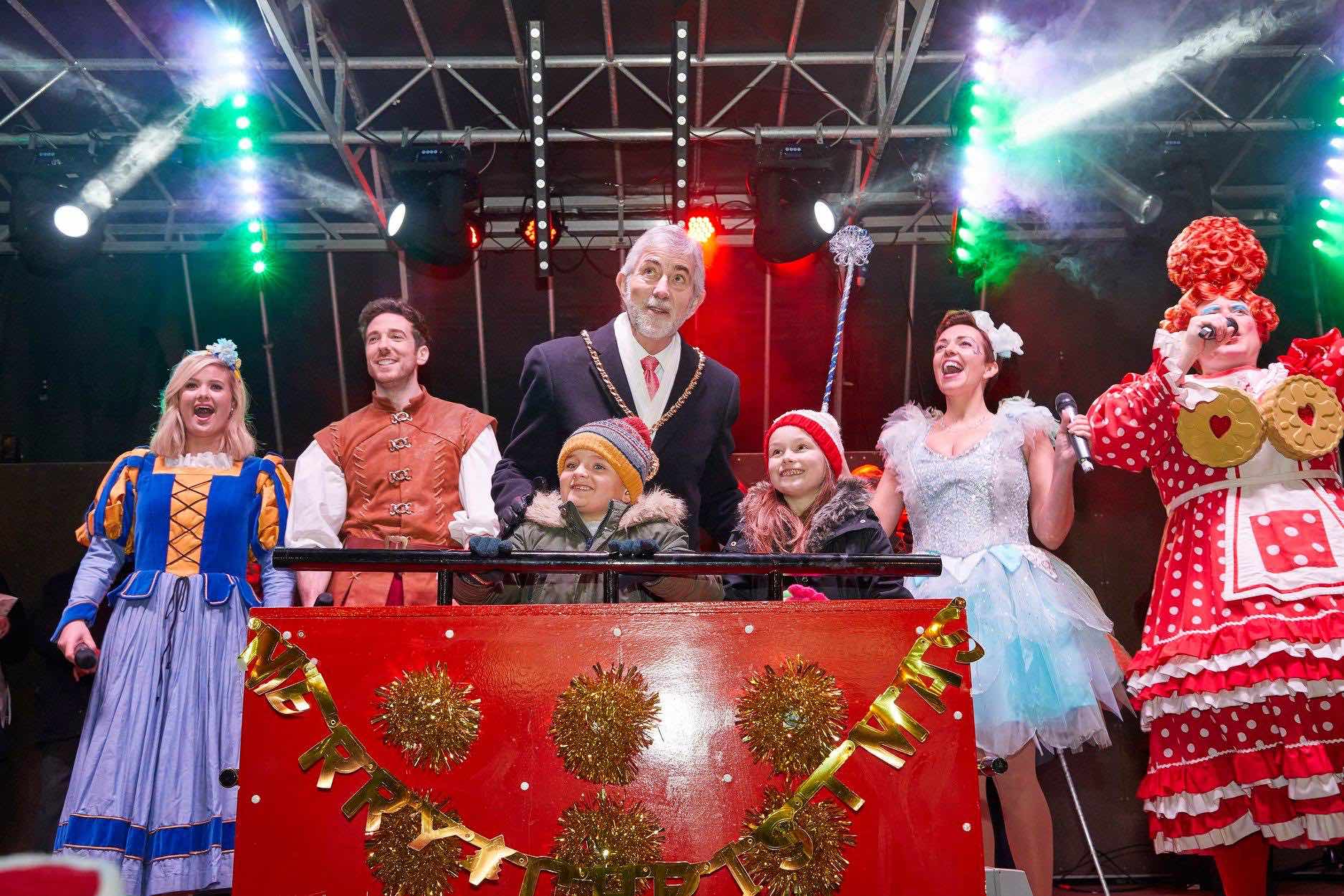 Lichfield , Staffordshire , Christmas , lights , switch on , 2018 , 2019 , gold , production , stage , hire , rent , rental , 