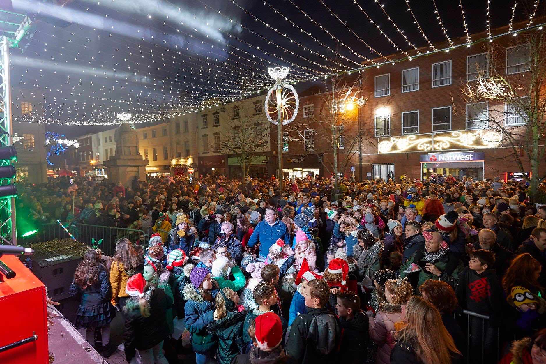 Lichfield , Staffordshire , Christmas , lights , switch on , 2018 , 2019 , gold , production , stage , hire , rent , rental , 