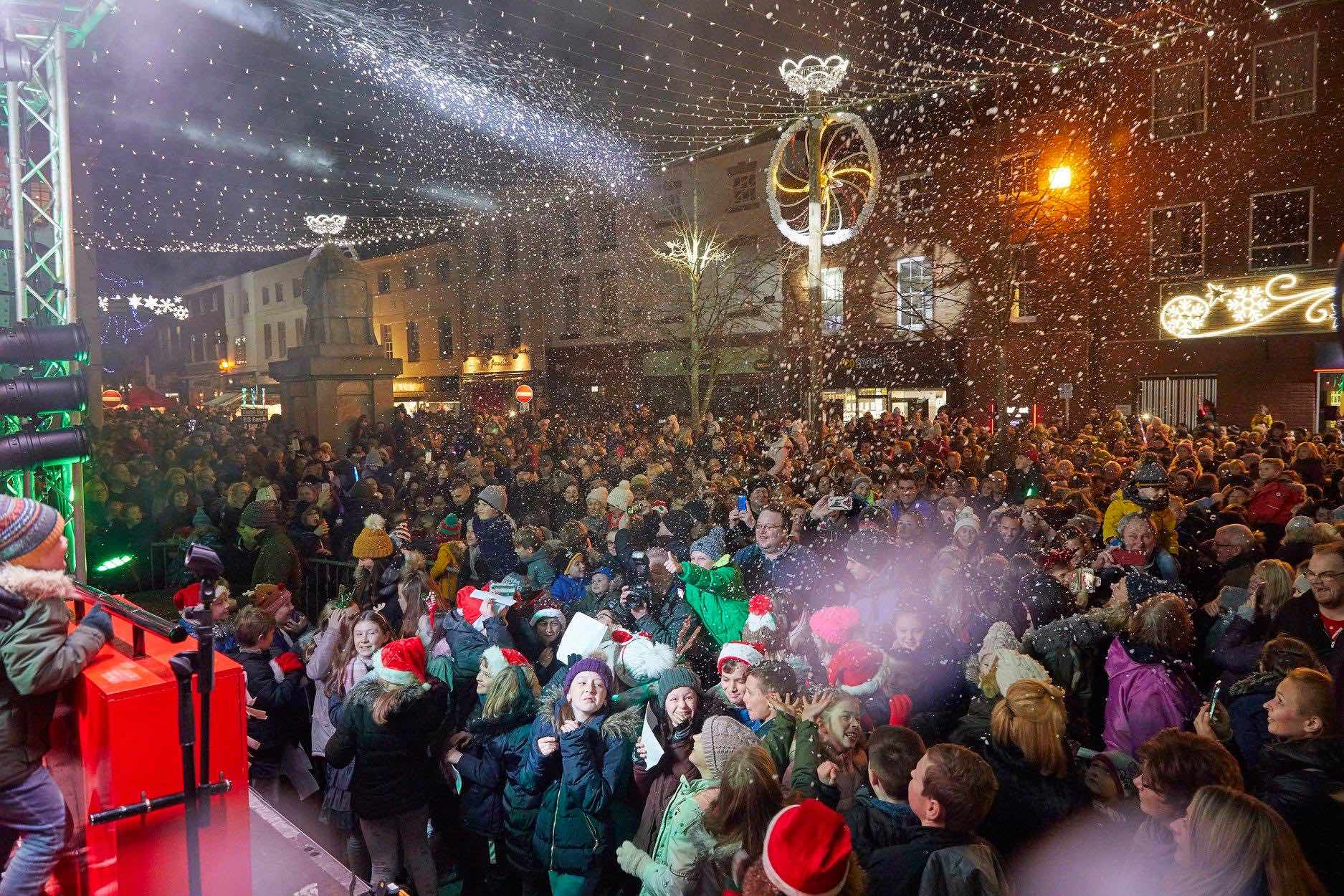 Lichfield , Staffordshire , Christmas , lights , switch on , 2018 , 2019 , gold , production , stage , hire , rent , rental , 