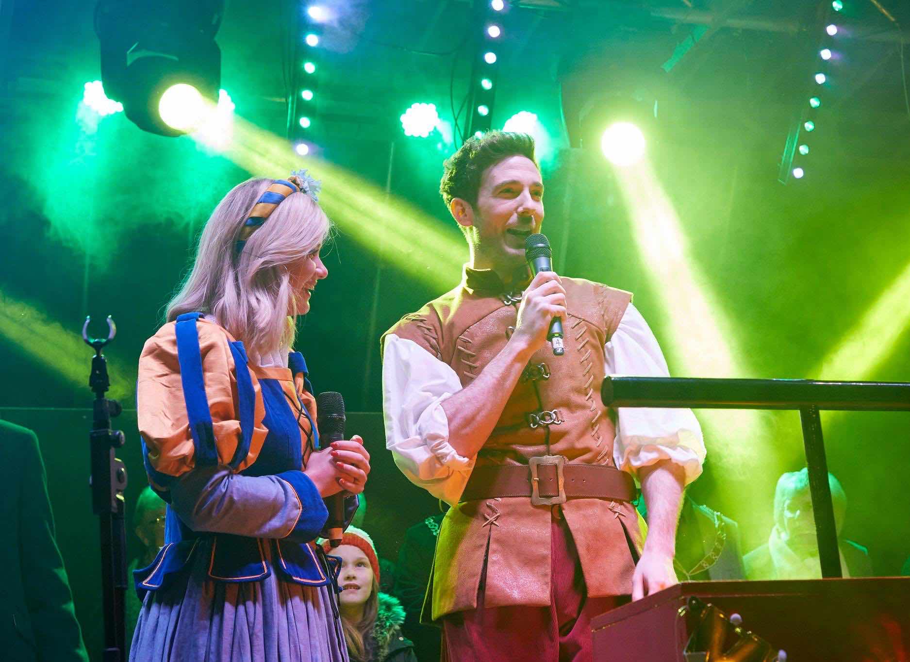 Lichfield , Staffordshire , Christmas , lights , switch on , 2018 , 2019 , gold , production , stage , hire , rent , rental , 