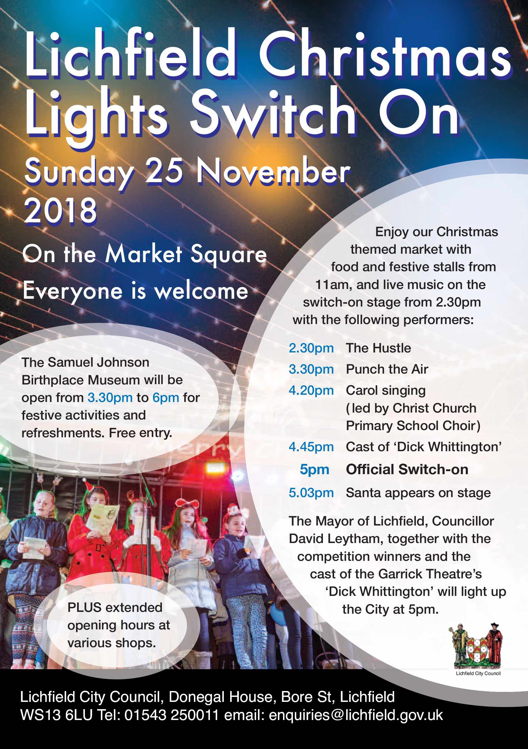 Lichfield , Staffordshire , Christmas , lights , switch on , 2018 , 2019 , gold , production , stage , hire , rent , rental , 