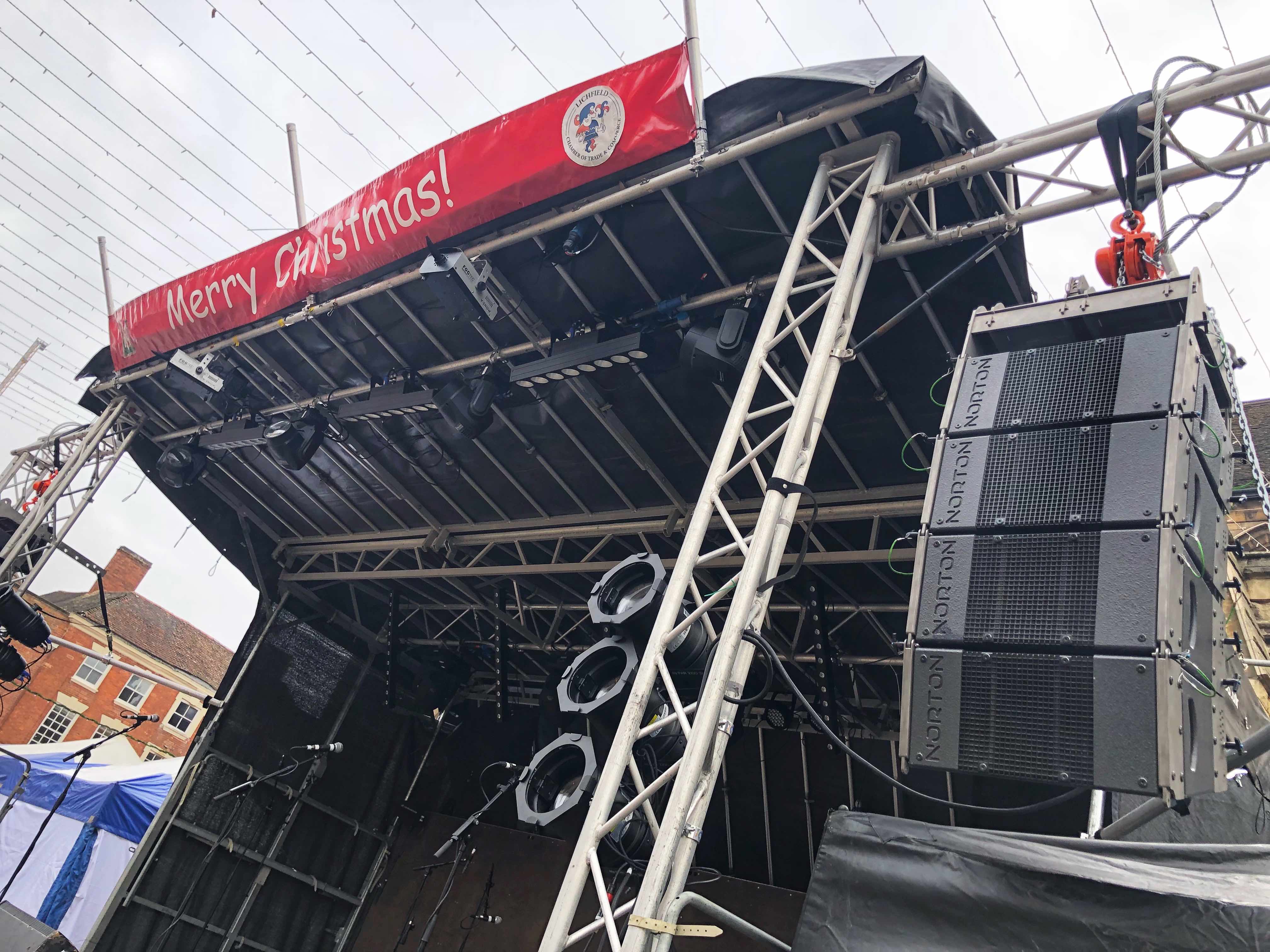 Lichfield , Staffordshire , Christmas , lights , switch on , 2018 , 2019 , gold , production , stage , hire , rent , rental , 