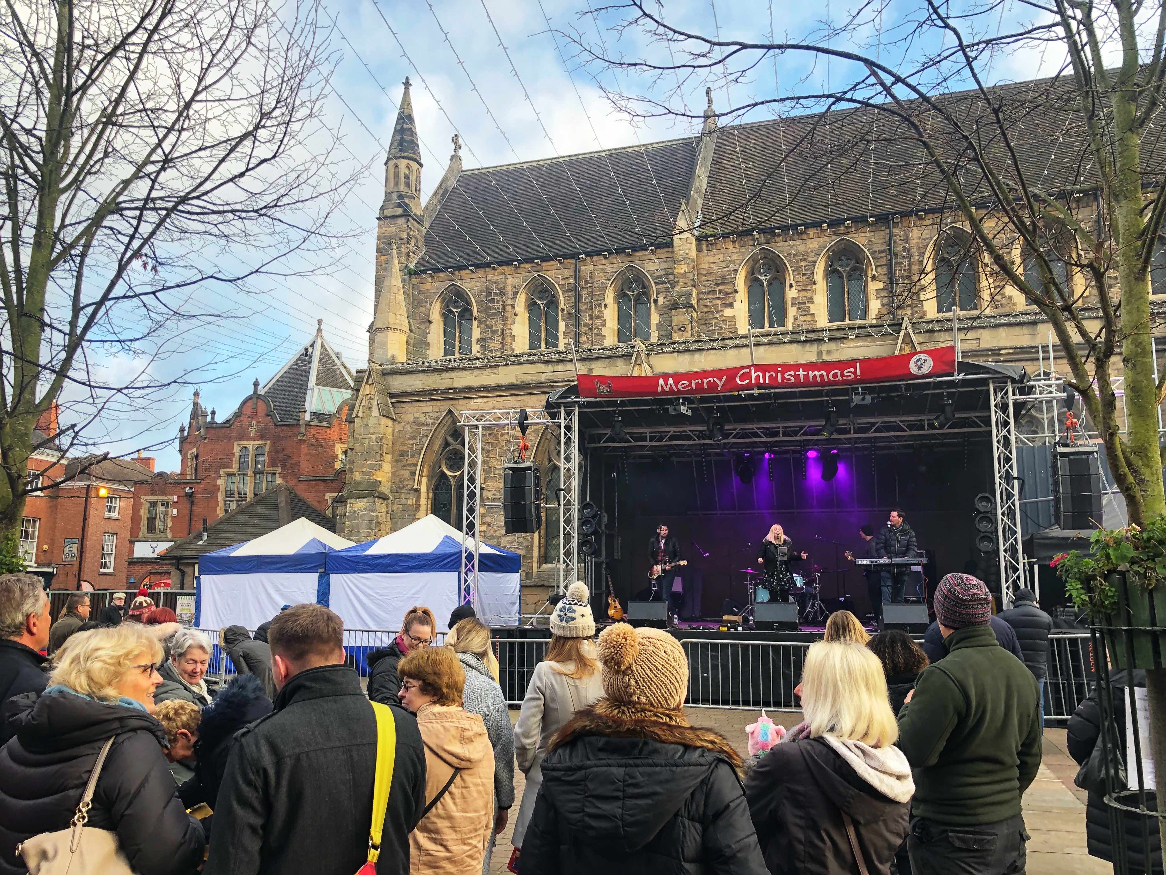 Lichfield , Staffordshire , Christmas , lights , switch on , 2018 , 2019 , gold , production , stage , hire , rent , rental , 
