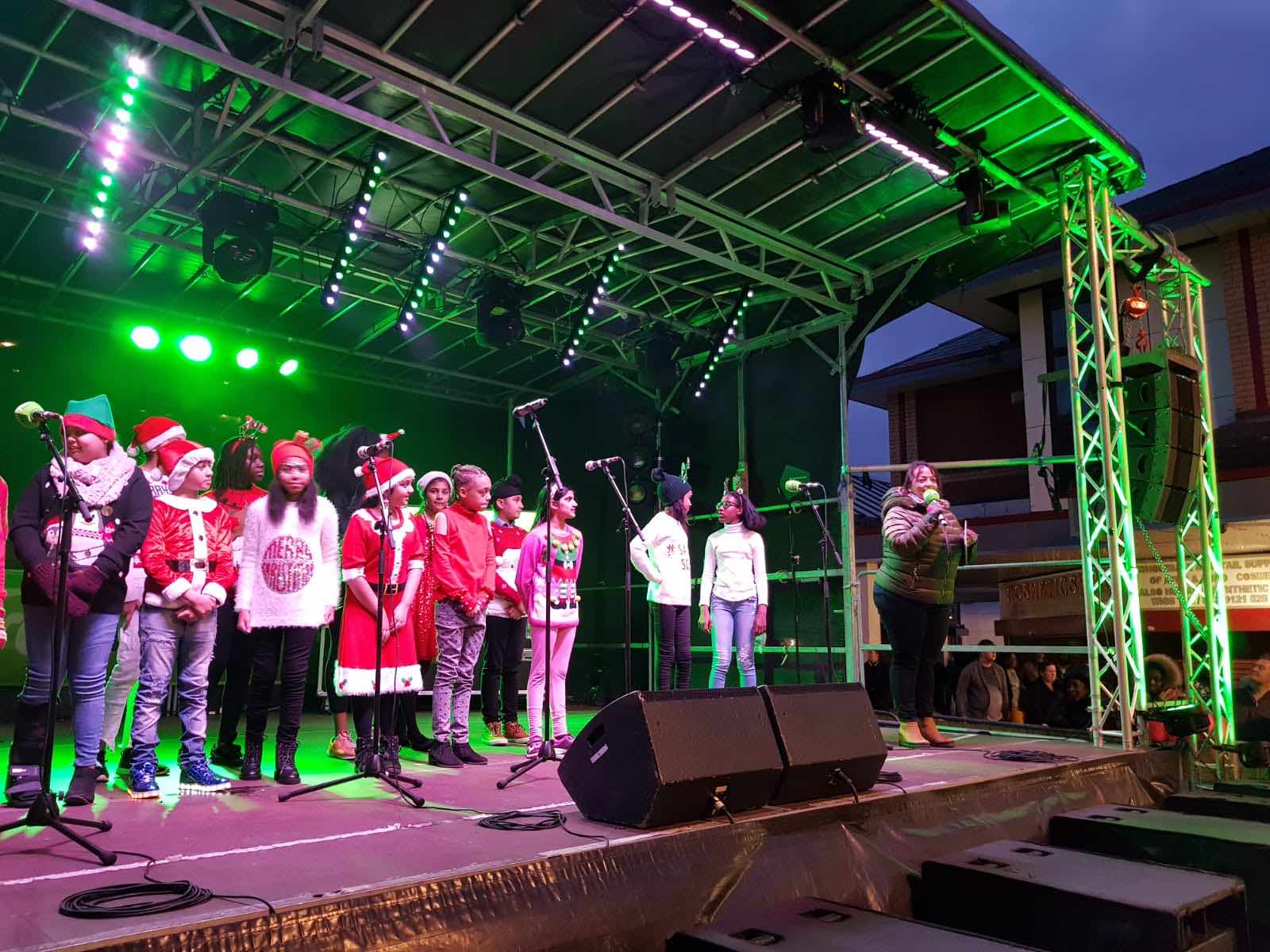 West Bromwich, Birmingham , Christmas , lights , switch on , 2018 , 2019 , gold , production , stage , hire , rent , rental , Cut Kelvins , Free radio , Katie Ashworth , CBBC , 